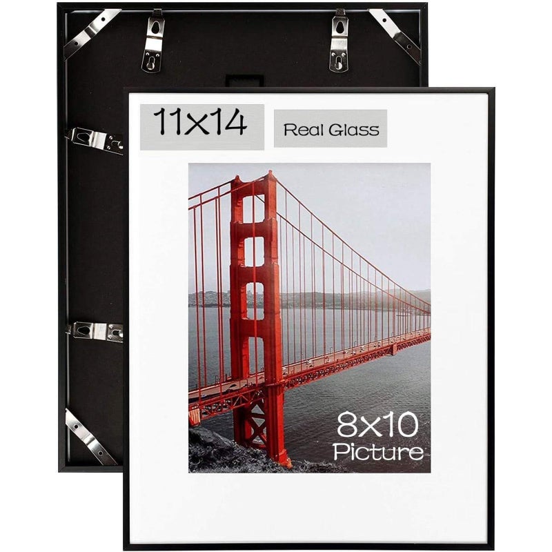 Frametory, 11x14 Aluminum Picture Frame - 11 x 14 Black Frame with Removable Mat for 8 x 10 Photo - 14 by 11 Durable Metal Frame with Real Glass - Sawtooth Hanger for Easy Wall Display - 1 Pack - Image 2